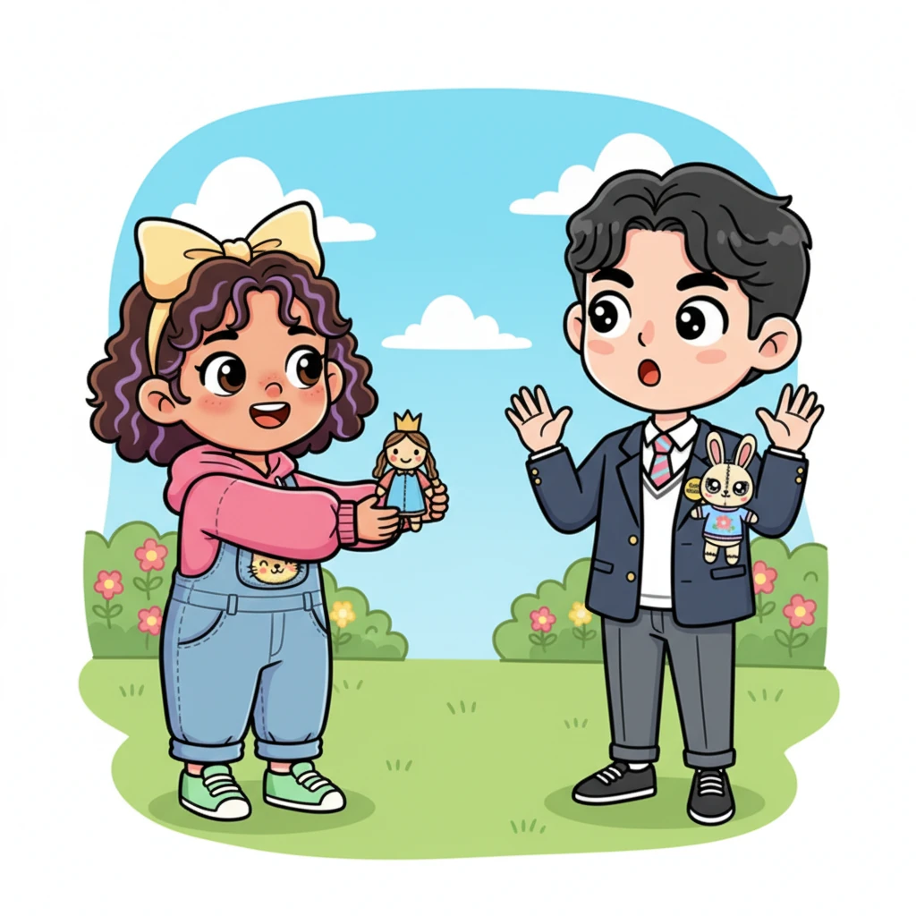 "Woojin, did you make this outfit? That's amazing!" Ayoung exclaims, extending her doll towards him with admiration. Her sincere compliment and request for him to make clothes for her doll catch Woojin completely off guard. A spark of hope and surprise flickers in his eyes, replacing the earlier shame.