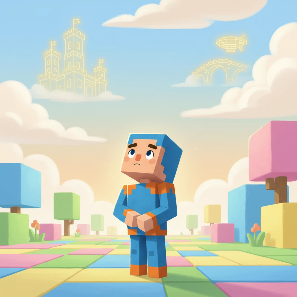 Benício, um bloco construtor de um mundo colorido de Minecraft, vivia em um lugar pacífico, mas vazio. Ele sentia falta de algo, um propósito que o preenchesse. Observava as nuvens e sonhava com algo maior. Ele não sabia o que, mas sentia que havia algo especial esperando por ele.