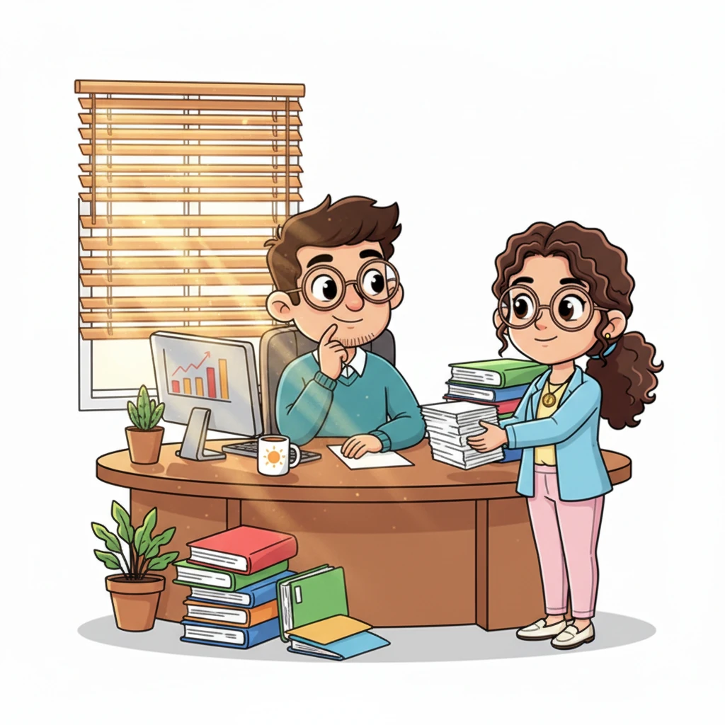 The morning sunbeams danced through the office blinds, illuminating a bustling workspace. Mahesh, a kind-faced financial advisor with a friendly smile, sat at his desk, deep in thought, surrounded by stacks of colorful files. His efficient assistant, Chitra, approached him with a neat stack of papers, her expression calm and professional.