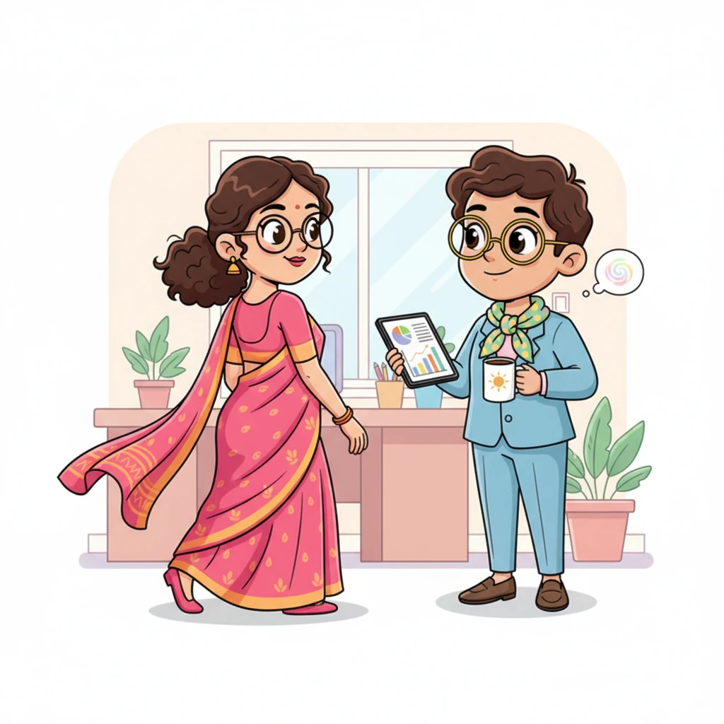 As Chitra gracefully turned to walk back to her desk, Mahesh watched her, a secret spark of admiration in his eyes. Her vibrant saree flowed elegantly with her movement, and he couldn't help but wonder about the magic of such beautiful fabrics and the subtle artistry of her makeup. A playful thought, quite unusual for a man like him, began to bubble in his mind.