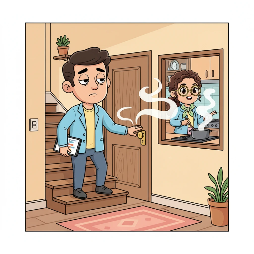 After a busy day, Mahesh arrived at his cozy, two-story house, feeling tired but content. He descended the stairs to the ground floor and gently knocked on Mrs. Aarthi's door, ready for a warm meal. The delicious aroma of home-cooked food wafted from her kitchen, promising comfort and good company.