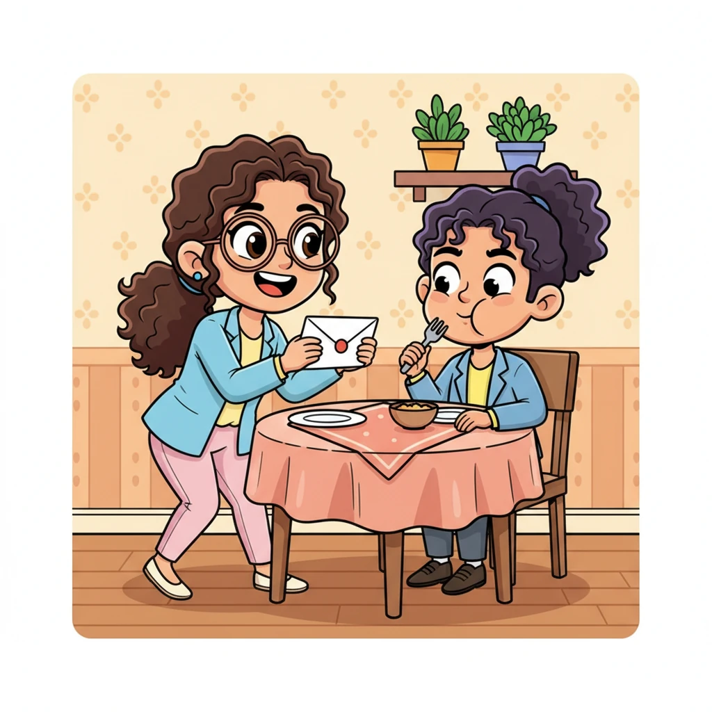 At Aarthi's small, cheerful dining table, Mahesh enjoyed his dinner as Aarthi shared a small anecdote. She playfully mentioned a misdelivered letter addressed to "Uma," reminding him of his school days and his full name. With a twinkle in her eye, Aarthi decided to adopt the old nickname, calling him "Uma" from then on, much to his slight embarrassment.