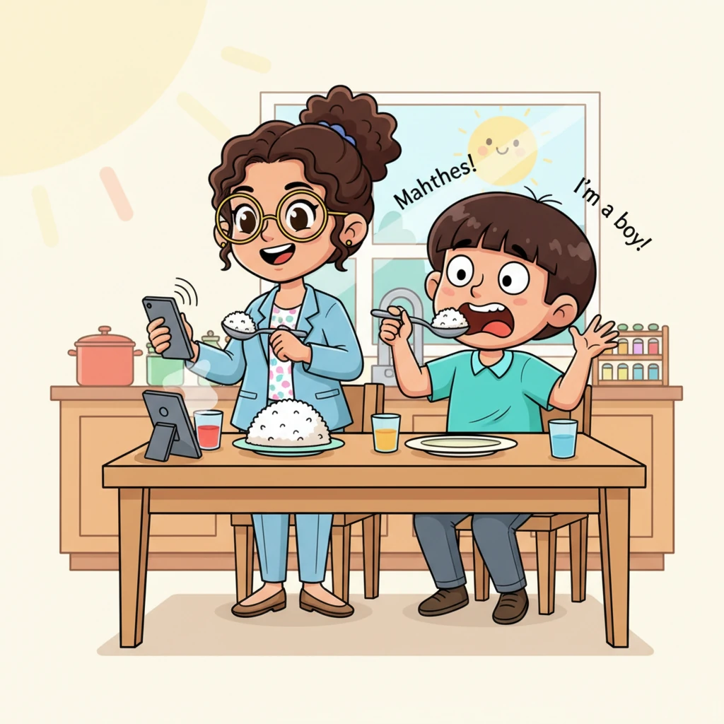 Aarthi answered the phone, putting Shruthi on speaker as she served Mahesh some rice. Shruthi's voice, bright and curious, echoed from the phone, asking about "Uma." Mahesh froze, a spoonful of rice halfway to his mouth, as he realized Shruthi mistook "Uma" for a young woman. He frantically mouthed "Tell her I'm a boy!" to a giggling Aarthi.