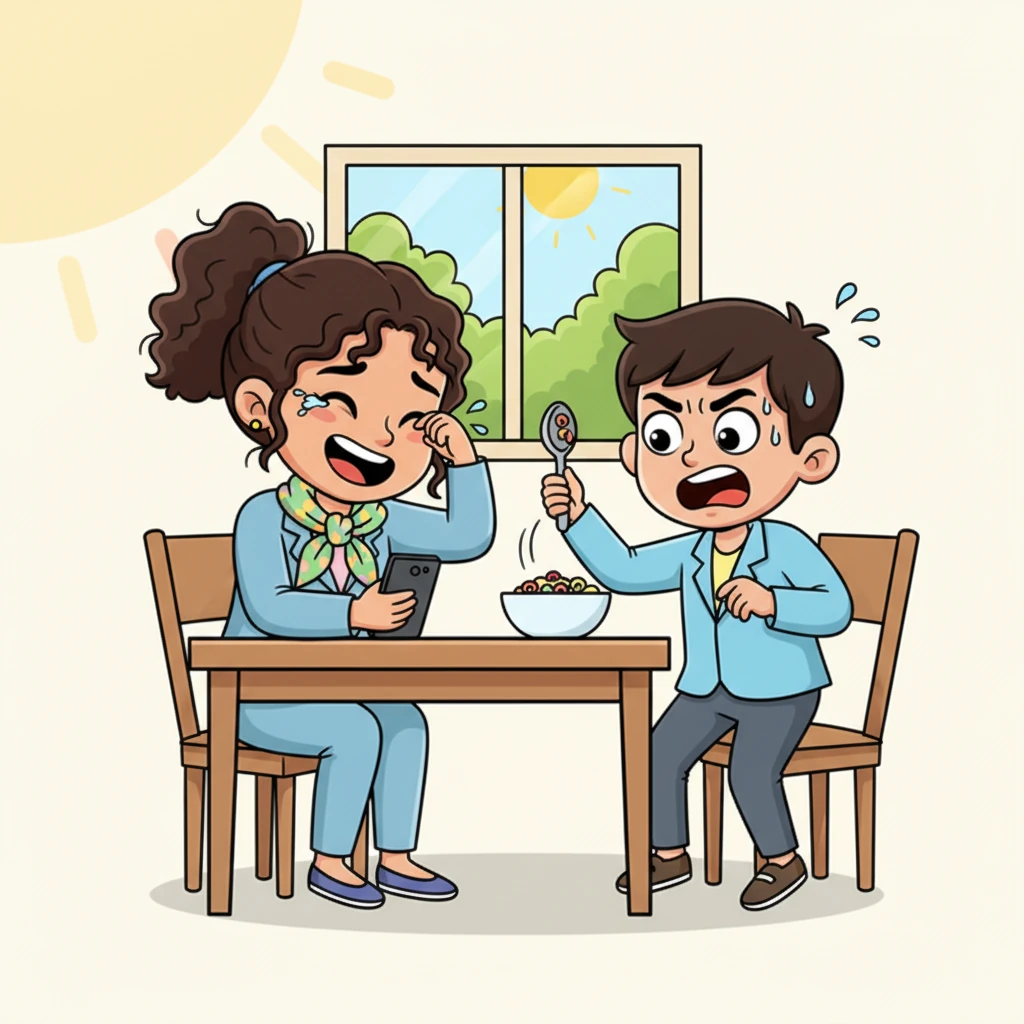 As soon as Aarthi ended the call, she burst into uncontrollable laughter, wiping tears from her eyes. Mahesh, spoon abandoned, half-shouted his frustration, demanding to know why she had lied and, even worse, promised a photo. A cold sweat trickled down his forehead, realizing the bizarre predicament he was now in.