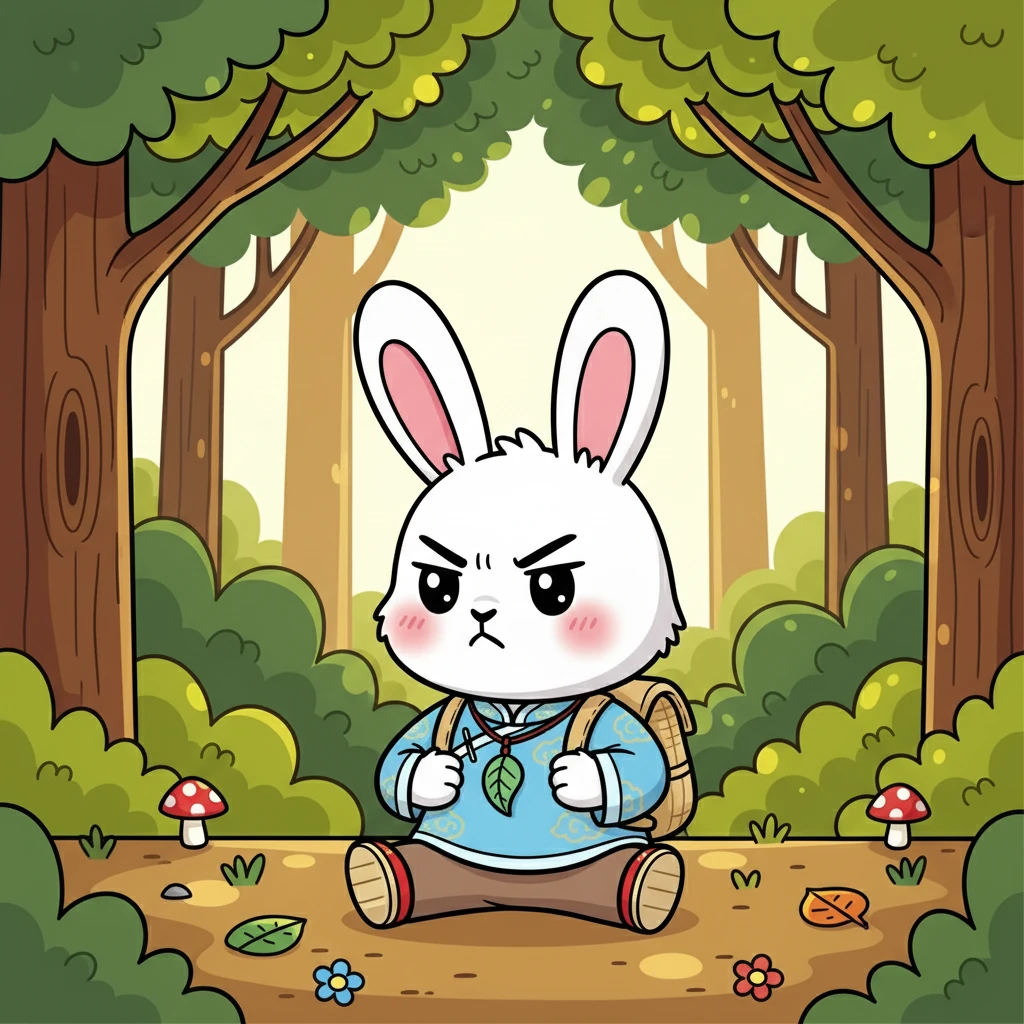 乐乐皱着眉头，耳朵耷拉着，生气地坐在森林的边缘。阳光透过树叶，洒在她毛茸茸的身上。她紧紧地握着小拳头，似乎有什么事情让她非常不开心。