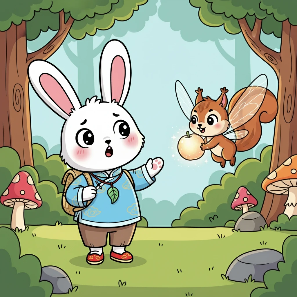 突然，乐乐的眼睛睁大了，她惊讶地看着前方。一只长着翅膀的小松鼠朝她飞来，嘴里叼着一颗闪闪发光的果子。乐乐的表情从生气变成了好奇。