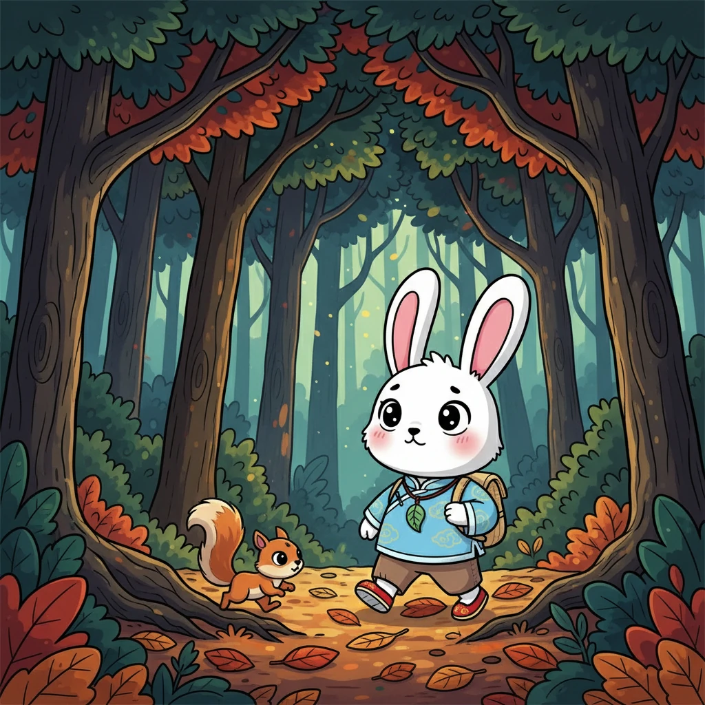 森林里光线昏暗，树木高耸，乐乐紧紧地跟着小松鼠。她小心翼翼地踩着落叶，时不时地抬头看看周围，生怕错过了什么。