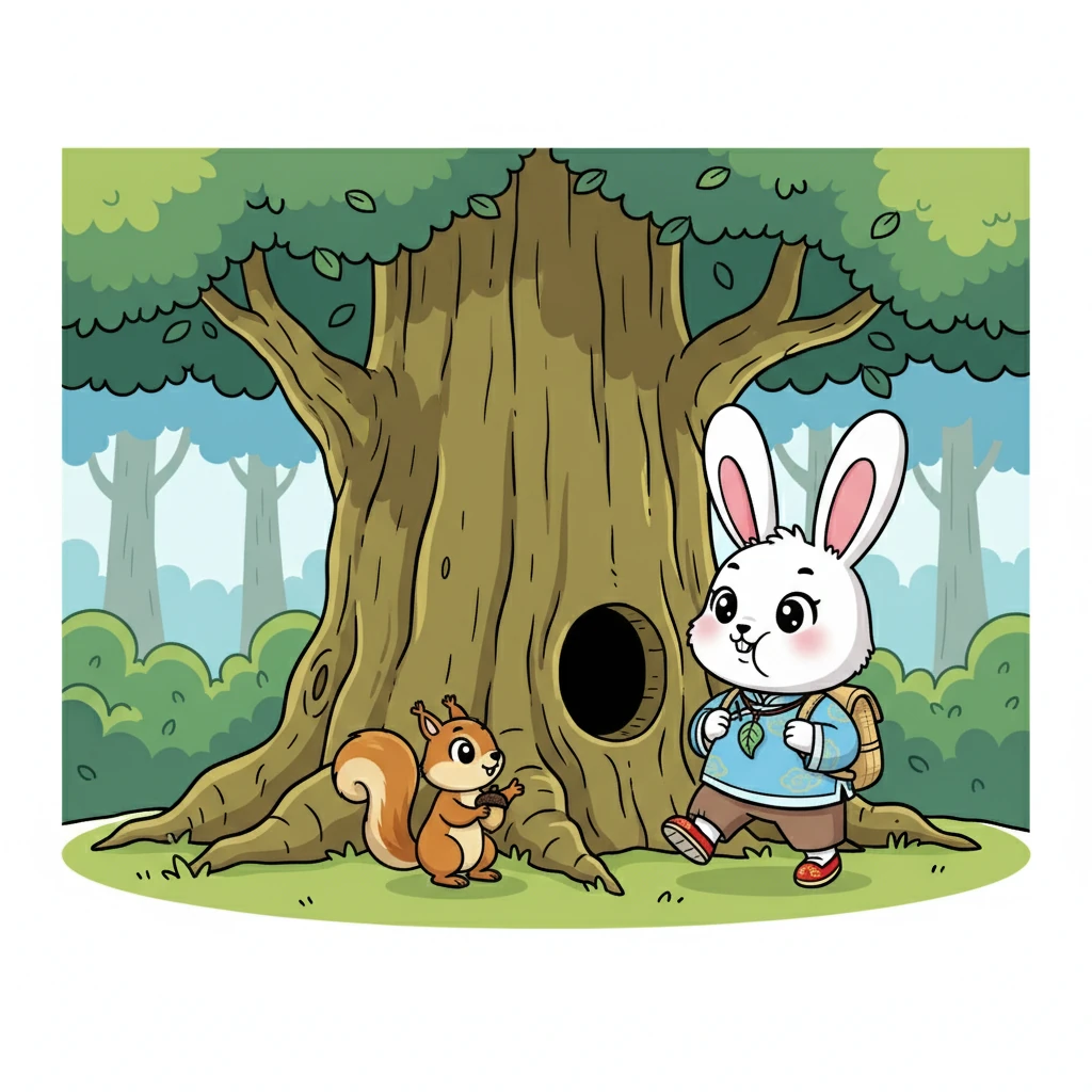 他们来到一棵巨大的树下，树干上有一个小小的洞。小松鼠示意乐乐进去，乐乐深吸一口气，鼓起勇气钻了进去。