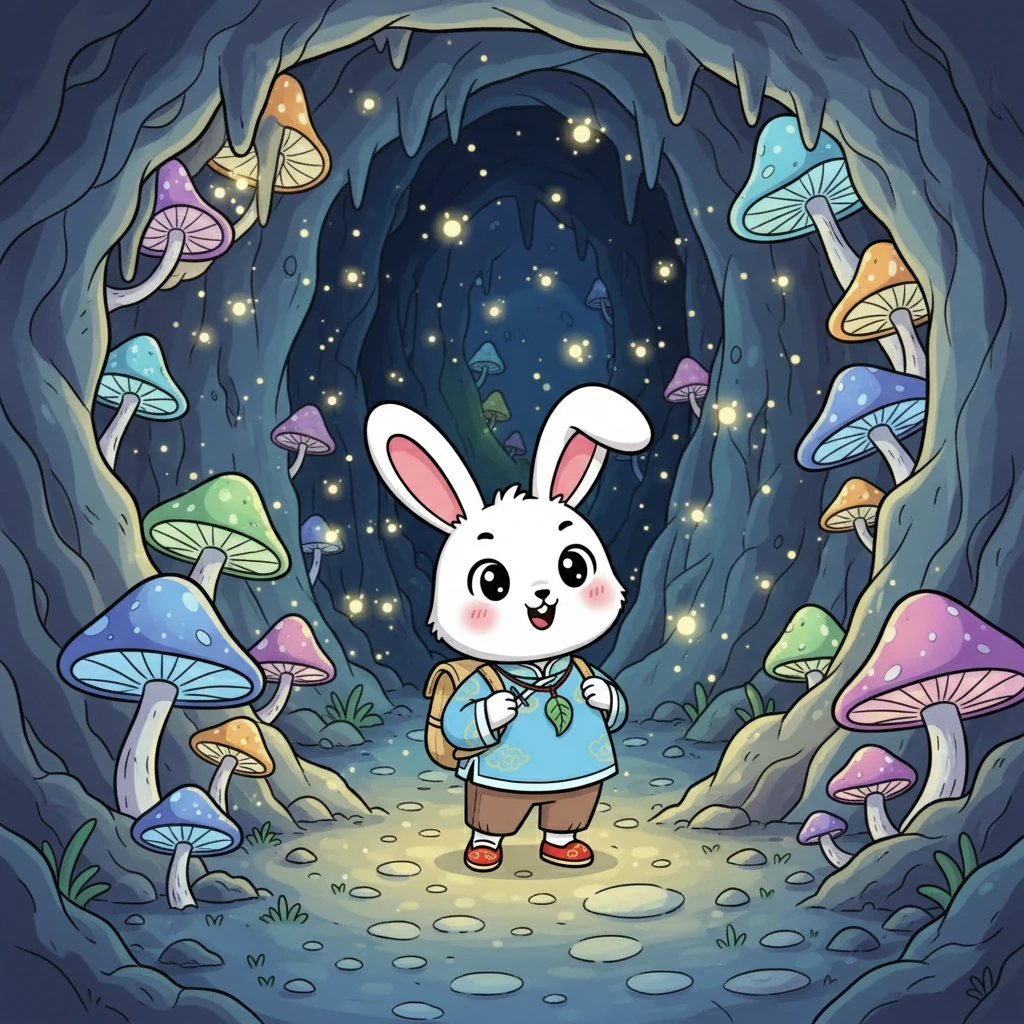 洞里是一个奇妙的世界，到处都是发光的蘑菇和闪烁的萤火虫。乐乐惊叹地看着这一切，她的紧张感消失了，取而代之的是好奇和兴奋。