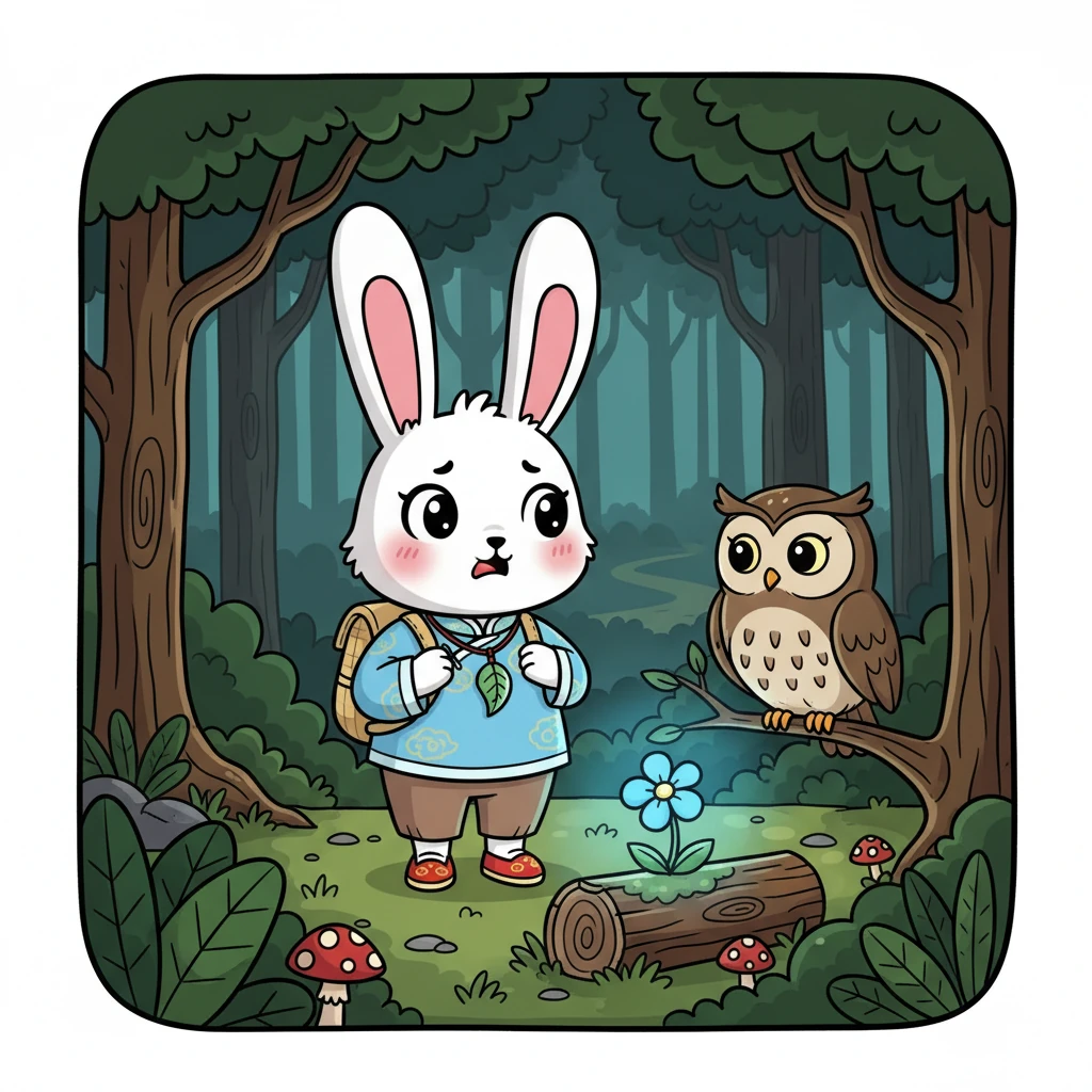 乐乐在森林里迷路了，她开始感到害怕。但她想起猫头鹰的话，勇敢地向前走。最后，她找到了一朵散发着光芒的蓝色小花。