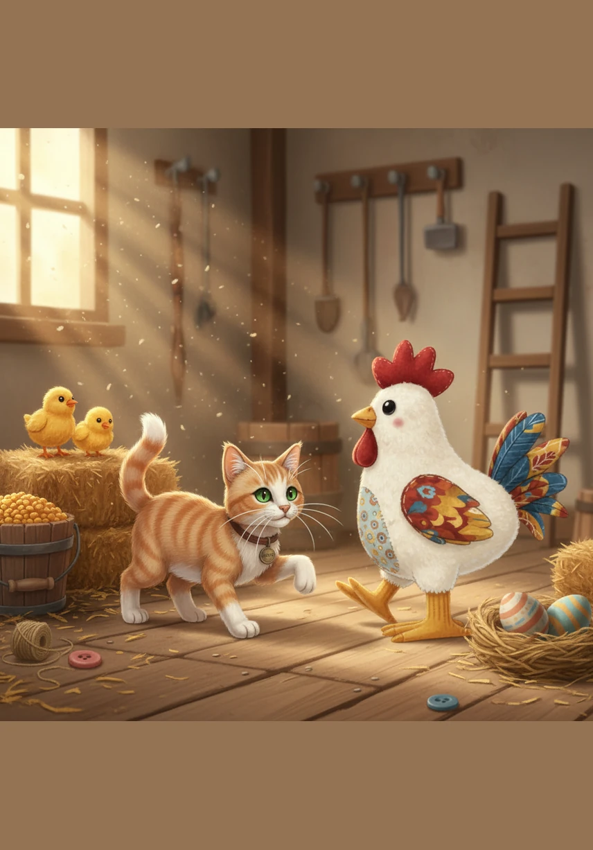 Barnaby the rooster discovers a mysterious, red-wrapped cylinder tucked away in the corner of the dusty barn. It hums with a faint, rhythmic ticking that makes his feathers tingle with curiosity and a hint of worry.