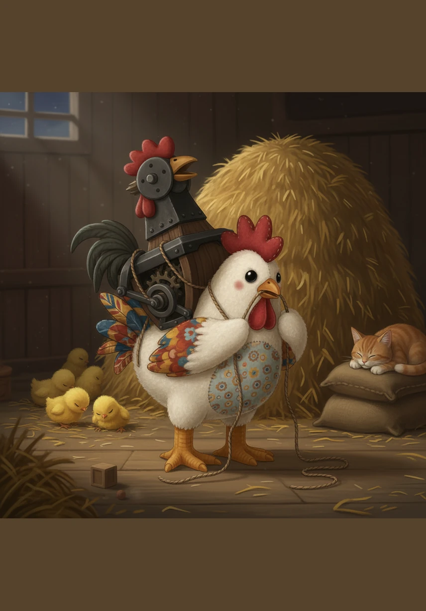 Convinced that this clucking-clock is a danger to his friends, Barnaby finds a length of sturdy twine. He carefully secures the heavy object to his back, determined to carry it far away from the dry hay and the sleeping chicks.