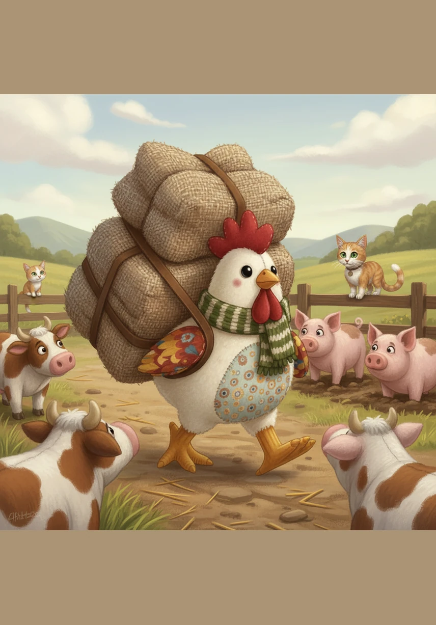 With the package strapped tight, Barnaby marches through the farmyard with the focus of a seasoned soldier. The cows stop grazing and the pigs freeze in their tracks, watching the small, feathered hero carry his heavy burden toward the distant hills.