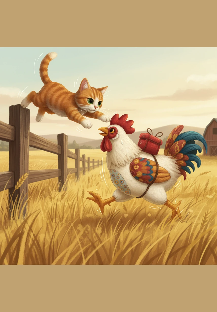 Jasper the barn cat leaps from a fence post, his eyes fixed on the strange red object strapped to the rooster's back. Barnaby performs a nimble sidestep and a sharp peck, defending his cargo as he continues his frantic trek across the golden fields.