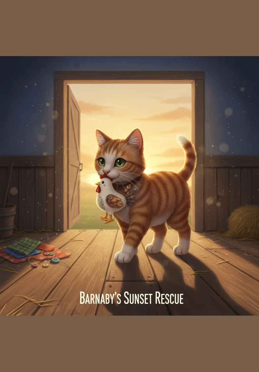 As the evening sun dips below the horizon, a stray spark from the farmer's distant campfire drifts through the air. It lands perfectly on the short string at the top of Barnaby’s package, and a tiny, crackling flame begins to dance.