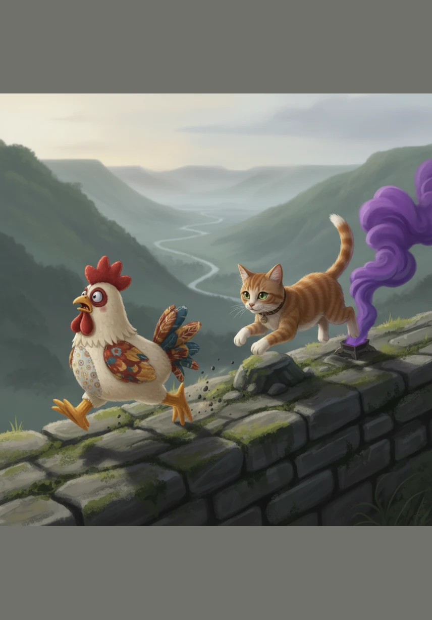 Hearing the sudden hiss and seeing a trail of bright purple smoke, Barnaby realizes he has run out of time. His little legs move like a blur as he dashes toward the high stone ridge overlooking the valley, desperate to reach the edge.