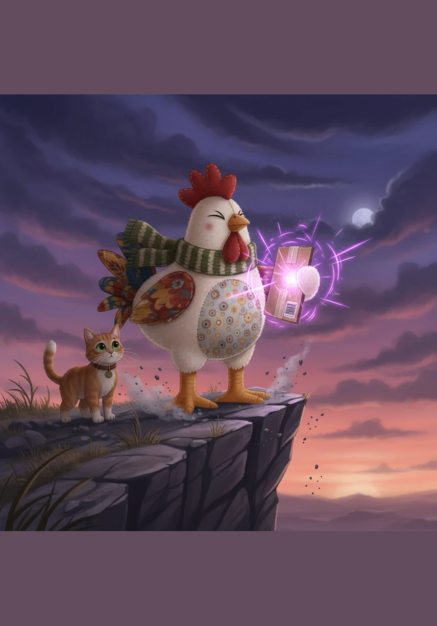 He reaches the very edge of the cliff just as the package begins to vibrate and whistle with intense energy. Barnaby shuts his eyes tight and braces himself, standing tall and heroic against the darkening purple sky.