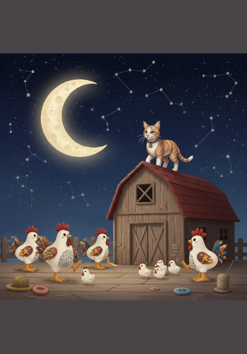 The night sky explodes into a breathtaking canopy of shimmering gold and emerald light. Every animal on the farm looks up in awe, seeing the most spectacular display of colors they have ever witnessed, all launched by their brave friend.