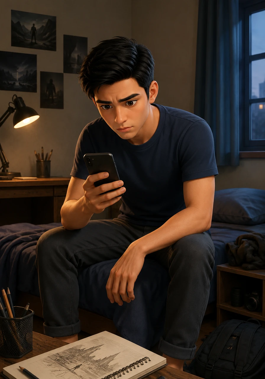 Aarav sits in his small, dimly lit room, staring at his smartphone with a mix of hope and frustration. He dreams of sharing his unique creative visions with the world but feels limited by his lack of expensive equipment. He realizes that to stand out on social media, he needs to find a new way to tell stories that captivate the heart.