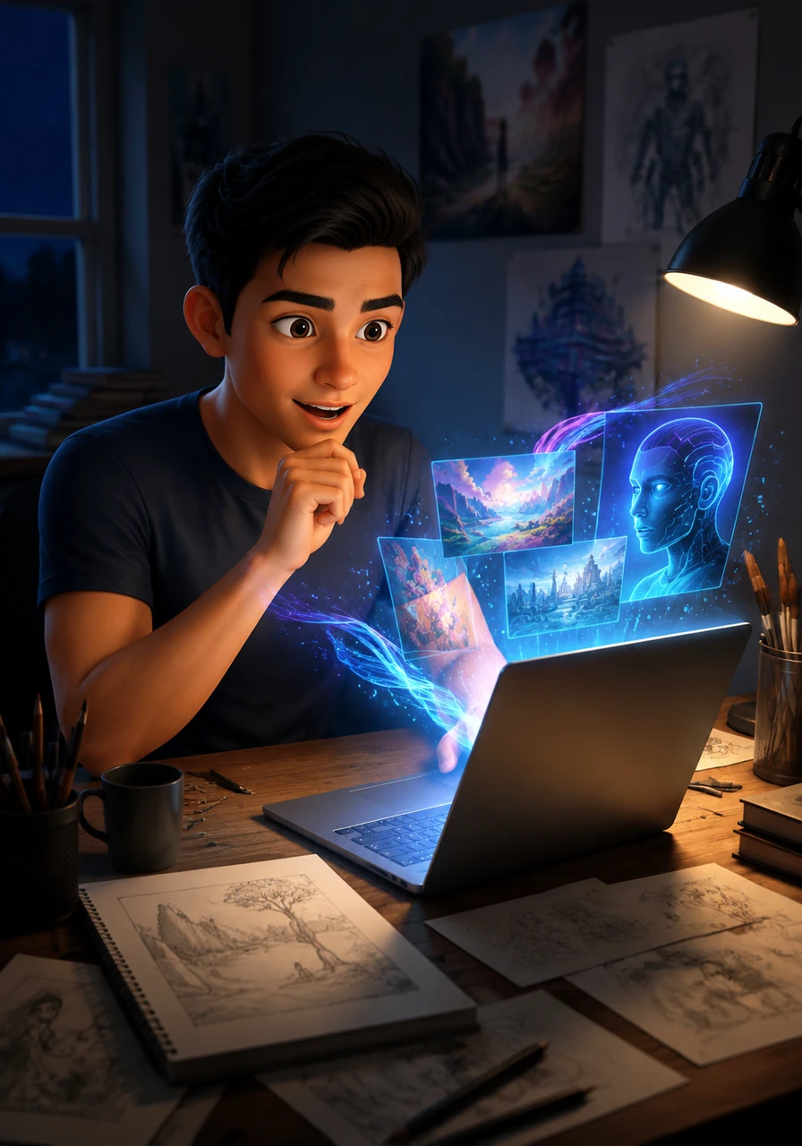 While browsing the internet, Aarav discovers the transformative power of Artificial Intelligence as a tool for artists. His eyes widen with excitement as he realizes this technology could act as a bridge between his wildest imaginations and a digital canvas. He spends the entire night researching how to blend his personal style with AI-generated elements.
