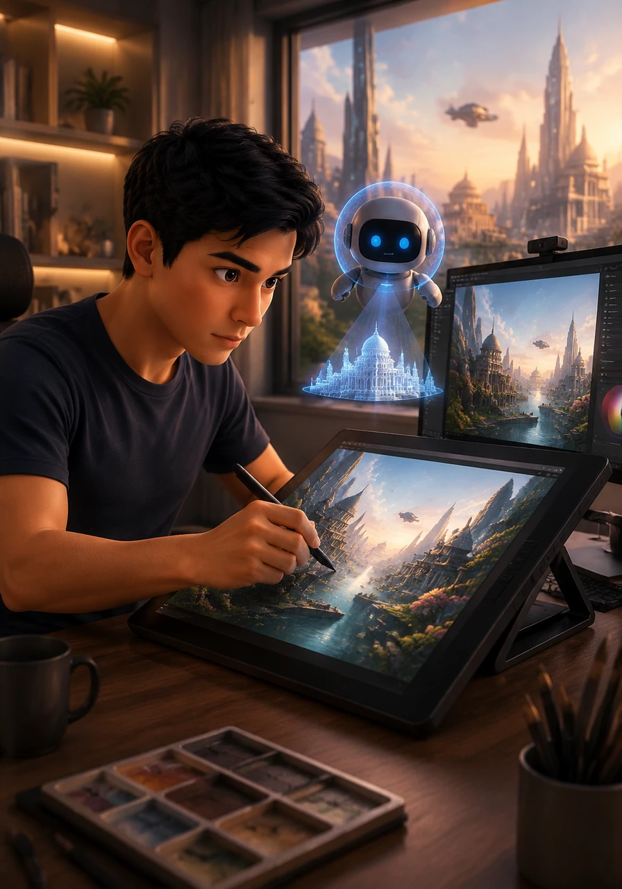 Aarav begins to craft his first series of digital masterpieces, featuring breathtaking landscapes where ancient architecture meets futuristic technology. He carefully chooses colors that evoke deep emotions, ensuring every frame feels like a living painting. The AI helps him bring details to life that he once thought were impossible to create alone.
