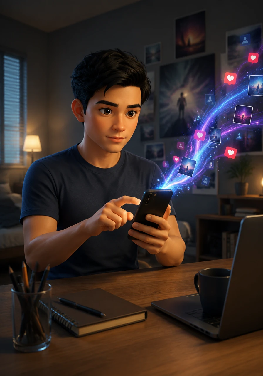 With a deep breath and a trembling finger, Aarav uploads his first high-quality AI video to Instagram. He adds a thoughtful caption about the future of art and hits the share button, watching his work fly into the vast digital ocean. He sets his phone aside, nervous about how the world will react to his experimental style.