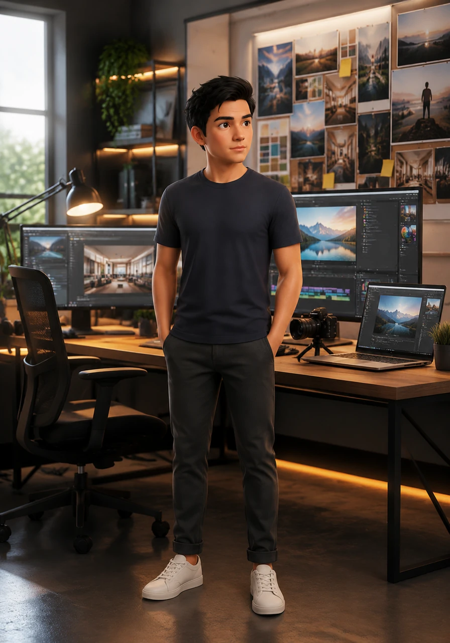Aarav moves from his cramped desk to a bright, modern studio filled with multiple screens and inspirational mood boards. The income from his digital content allows him to invest in the best technology and support his family's long-held dreams. He looks around his new workspace, feeling a profound sense of gratitude for the journey he started.