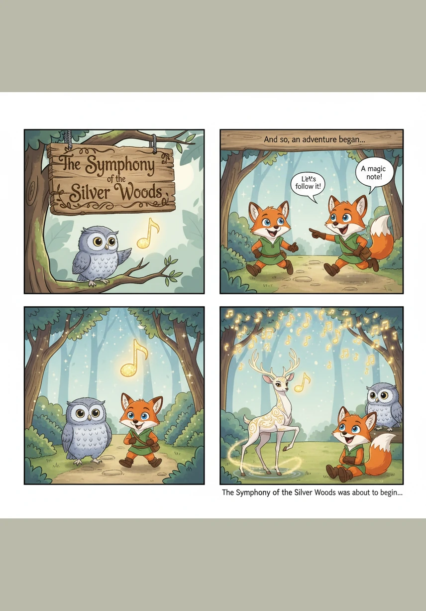 A rustic wooden sign hanging from an ancient oak tree clearly displays the title The Symphony of the Silver Woods in elegant, vine-like lettering. Oliver, a small owl with soft grey feathers and large amber eyes, perches nearby, looking curiously at a glowing musical note floating in the air.