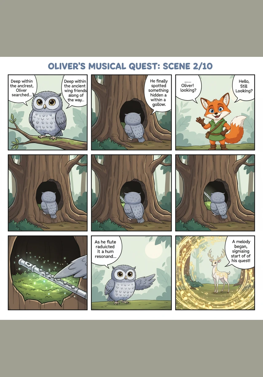 Oliver discovers a shimmering silver flute tucked inside the hollow of a tree, surrounded by soft, glowing moss. As he touches it with his wing, a gentle hum vibrates through the air, signaling the start of his musical quest to find the forest's hidden song.
