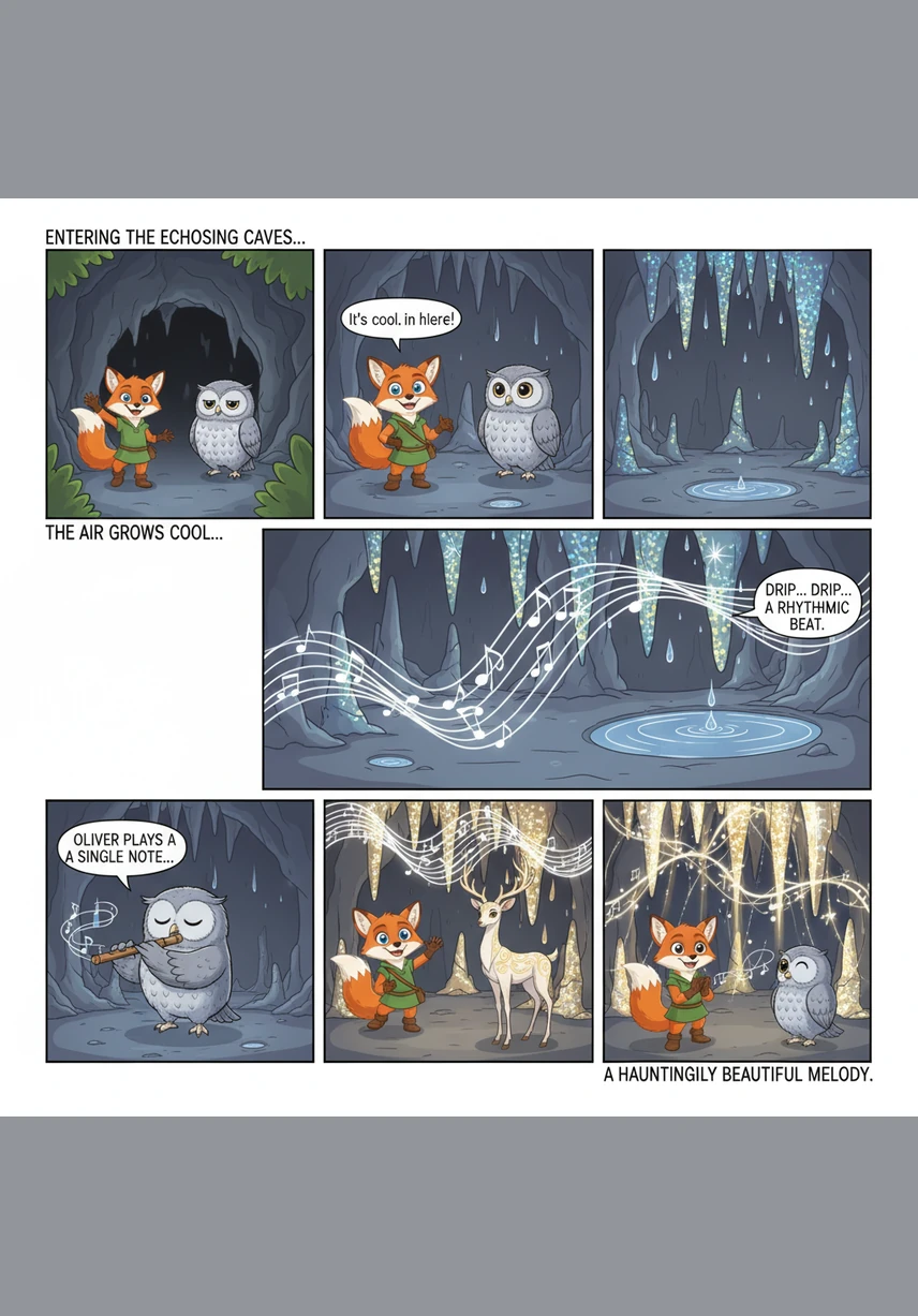 Entering the Echoing Caves, the air feels cool and the sound of dripping water creates a rhythmic beat against the stone walls. Oliver plays a single note on his flute, and the cave amplifies it into a hauntingly beautiful melody that bounces off the glittering stalactites.