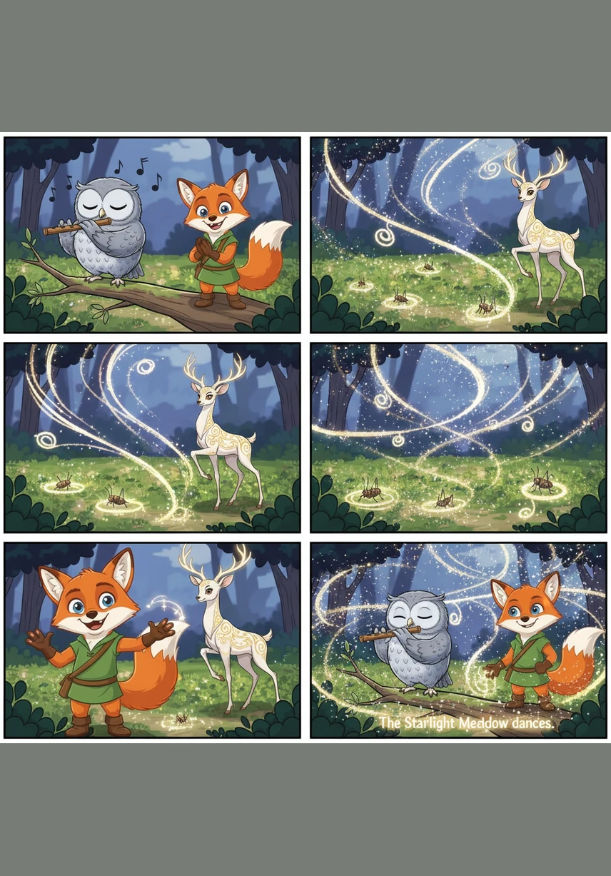 Reaching the Starlight Meadow, the grass begins to twinkle in sync with the pulsing rhythm of the crickets hiding in the clover. The air is filled with a magical, shimmering effect as if the stars themselves are descending to dance to the rhythm of Oliver's music.