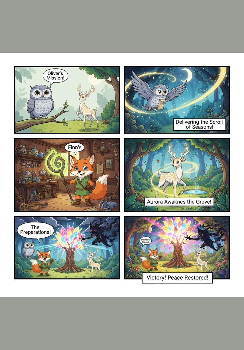 Oliver is joined by a cheerful fox with a hollow-log drum and a graceful deer who hums a low, resonant tune. Together, they form a small forest band, their different sounds blending into a rich tapestry of harmony that echoes through the trees.