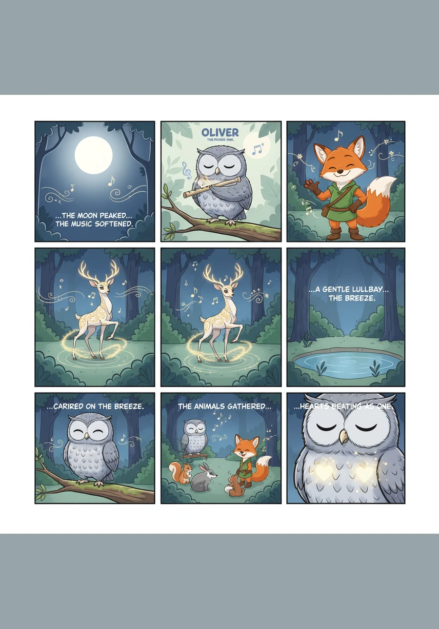 As the moon reaches its highest point, the music softens into a gentle lullaby that carries the scent of pine and night-blooming jasmine. The animals gather around in a peaceful circle, their hearts beating in time with the fading, melodic notes of the night.