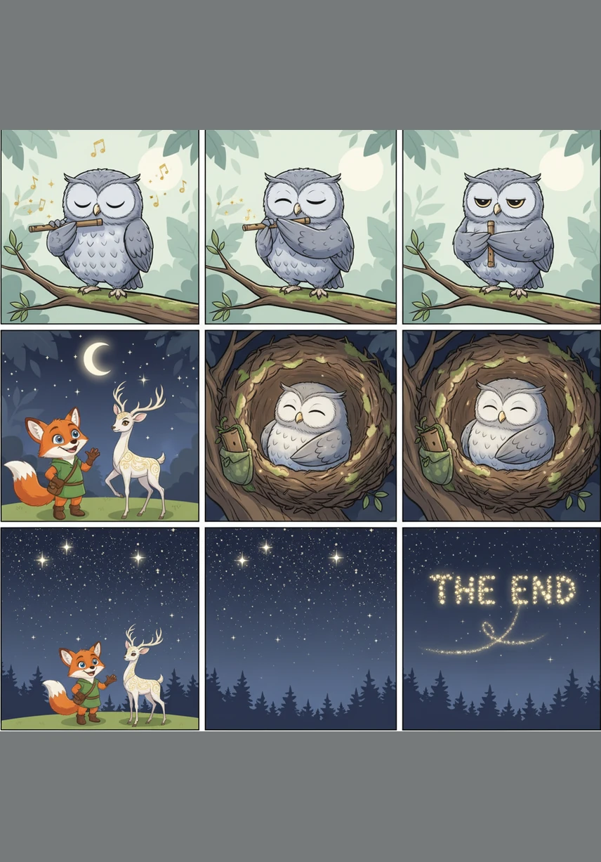 The story concludes as Oliver tucks his flute away and curls up in his cozy nest, the final echoes of the symphony lingering in the cool night air. Below the sleeping owl, the words The End are softly written in the stars, marking the peaceful ending of a magical journey.