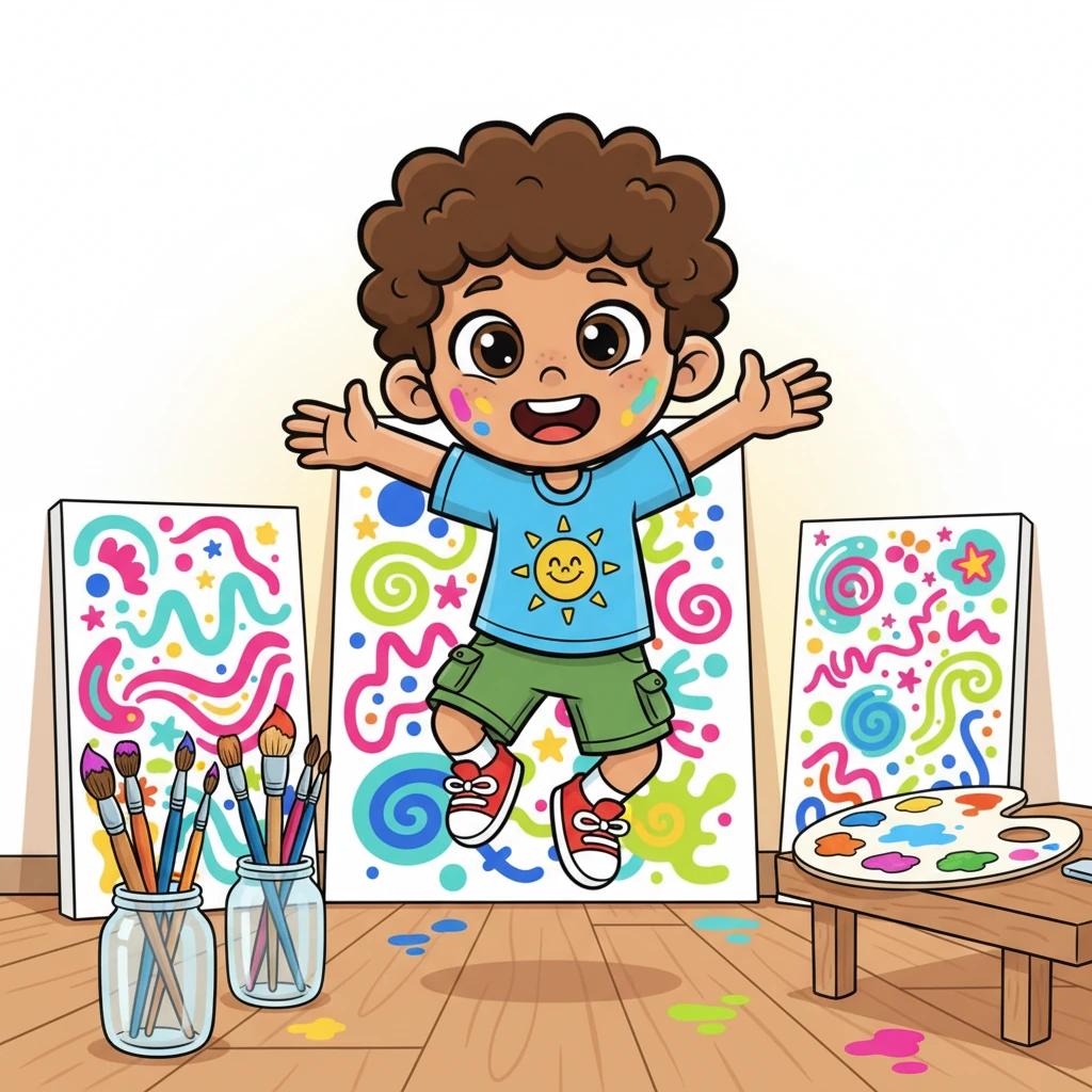 Little Leo, with a twinkle in his eye and paint smudges on his cheek, bounced happily in his studio. Brushes peeked from jars, and canvases burst with imaginary worlds, all bathed in the brightest, happiest colors imaginable. He loved creating vibrant art more than anything.
