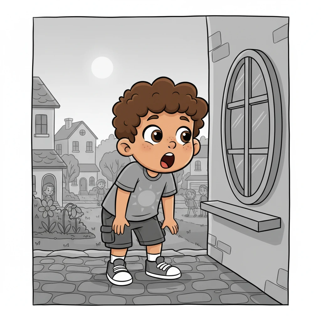 One sunny morning, Leo peeked outside and gasped. His beloved town, Greyscale Glen, looked terribly drab, as if all its colors had simply vanished. The houses were grey, the trees were grey, and even the smiles on people's faces seemed to have faded.