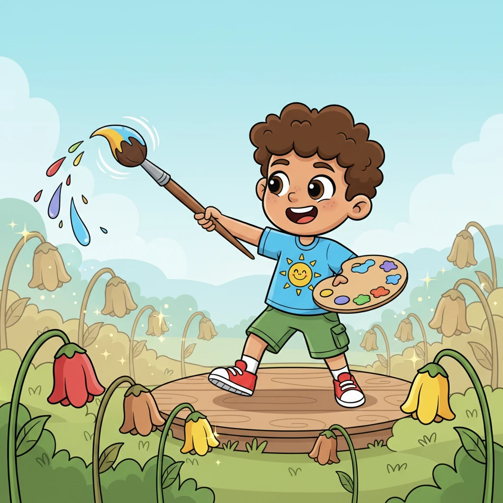 Leo's cheerful heart felt a pang of sadness, but then a brilliant idea sparked! He grabbed his most trusted paintbrush, a long, swirly one that seemed to hum with magic, and a palette brimming with every color of the rainbow. "I'll bring the sparkle back!" he declared with a determined grin.