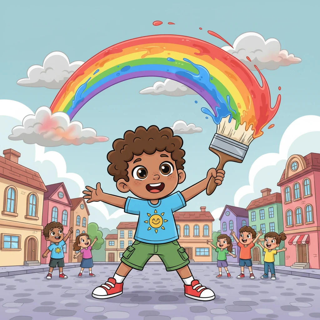 With a mighty swoop and a splash, Leo began painting a magnificent, arching rainbow right over the town square. Brilliant reds, oranges, and yellows streamed across the sky, followed by lush greens, blues, and purples, chasing away the dullness. The first vibrant splash of color made the grey clouds blush.