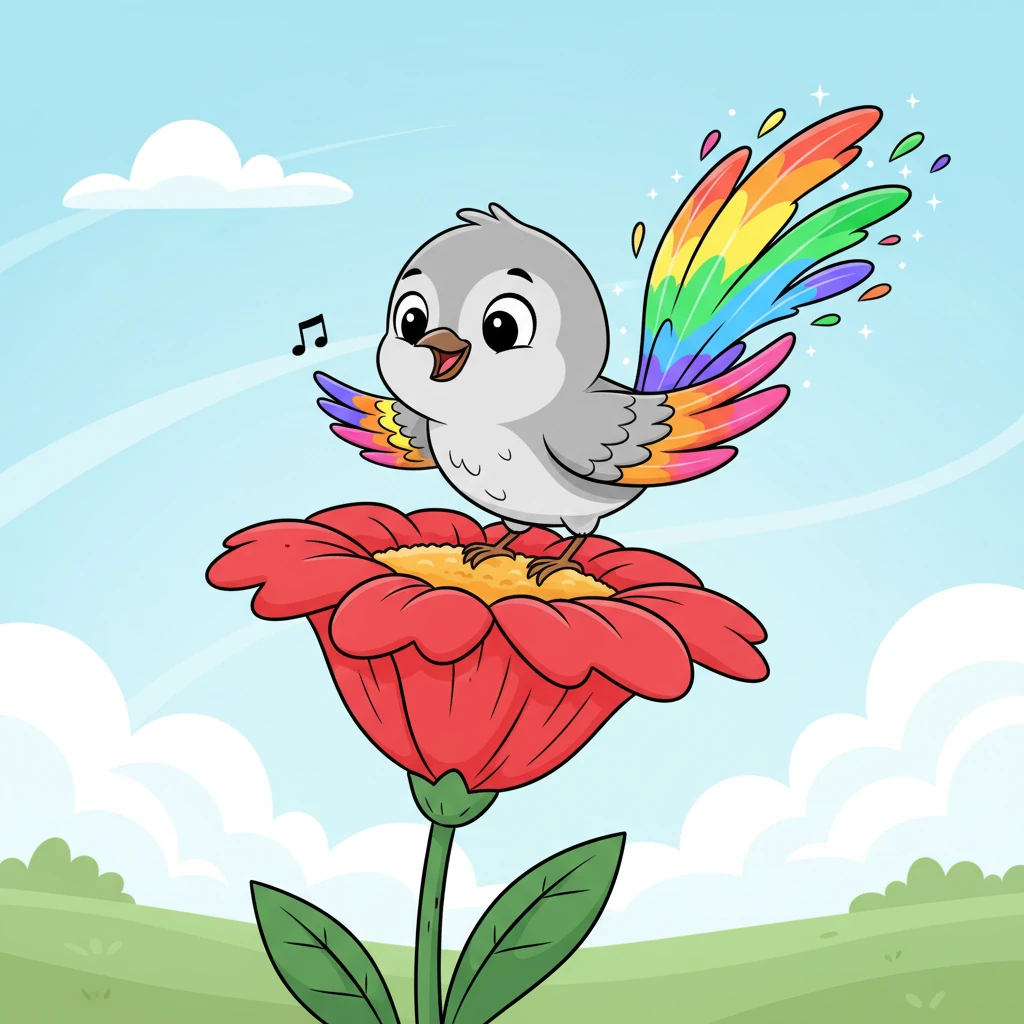 A small, plain grey bird, who had been too shy to sing, fluttered down and landed gently on a newly painted, bright red flower. As it chirped a tiny tune, its feathers shimmered and transformed, bursting into a glorious spectrum of colors, just like a magnificent flamingo. It soared away, leaving a trail of joy.