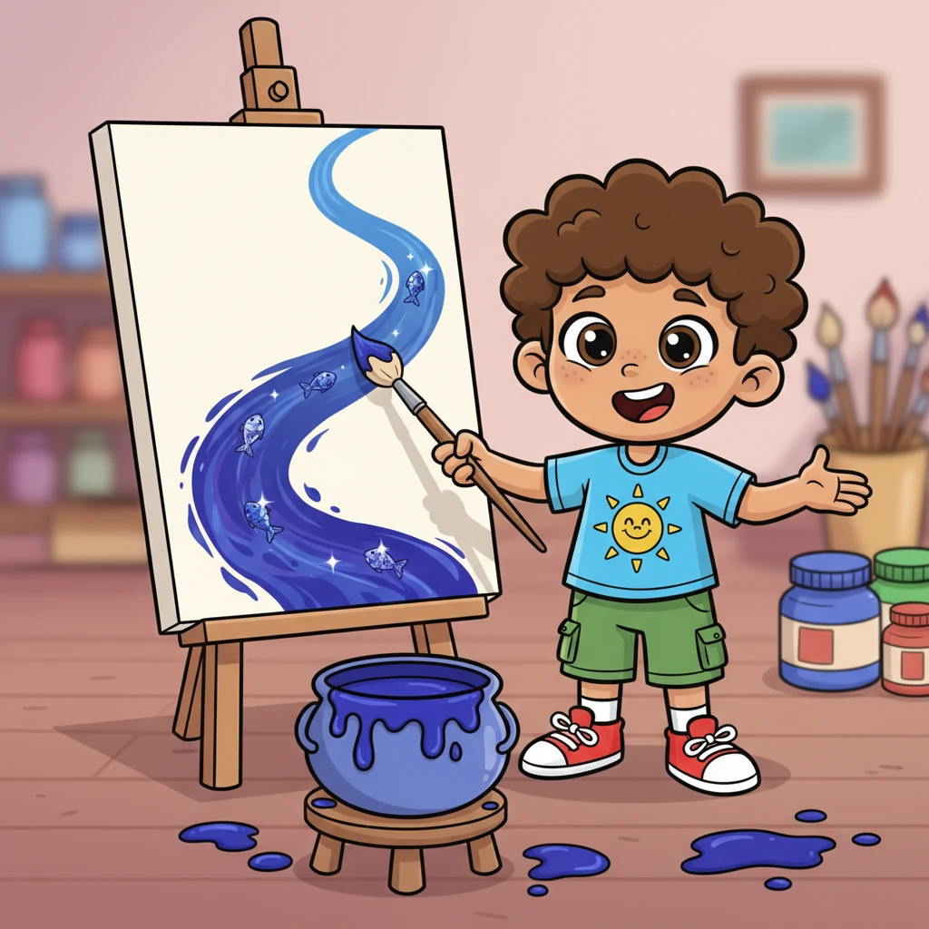 Leo then dipped his brush into a pot of the deepest, most calming indigo. He painted a winding river, making the dull water sparkle with rich, serene blues and purples. Little fish, once invisible, now glinted like jewels beneath the surface.