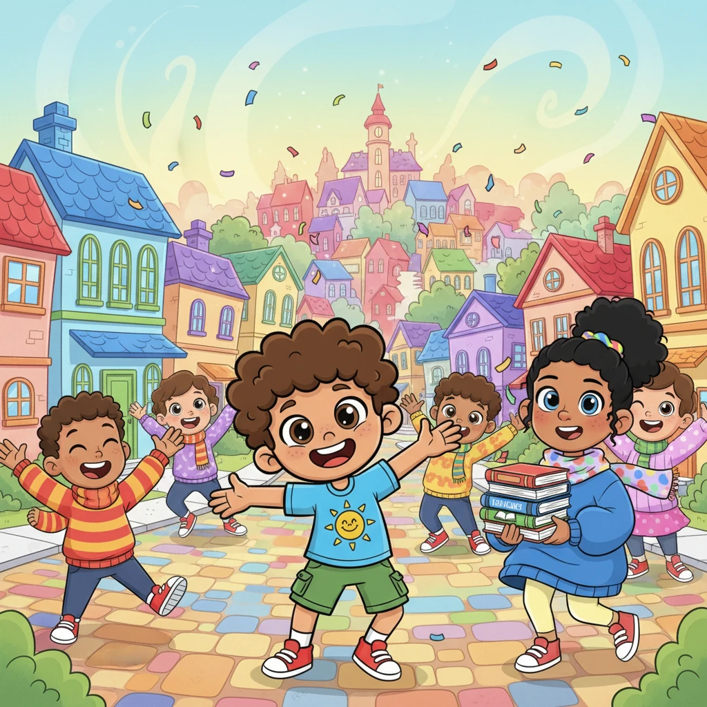The entire town of Greyscale Glen became a breathtaking kaleidoscope of colors, a true masterpiece of joy. Happy townspeople, now dressed in vibrant clothes, laughed and danced in the streets, celebrating the return of brightness and cheer. Even the air seemed to shimmer with happiness.