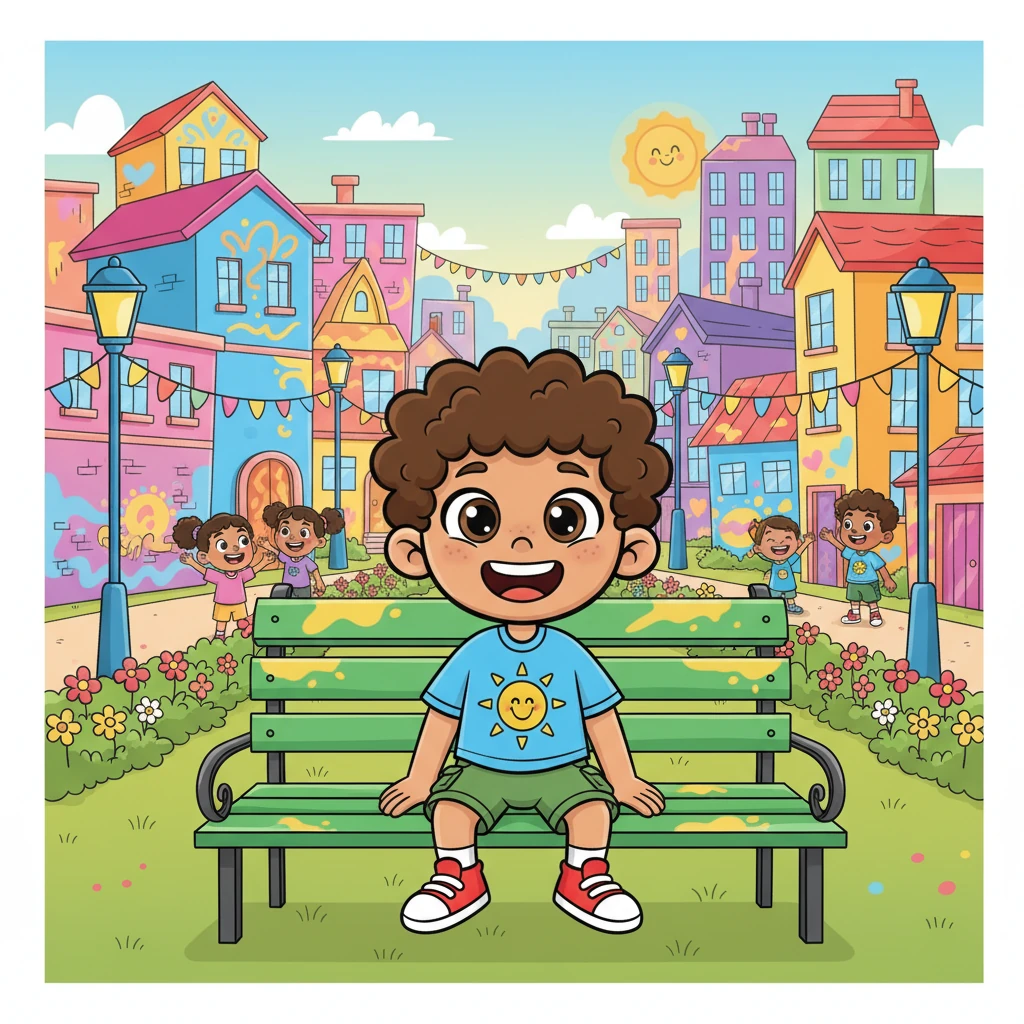 Exhausted but beaming, Leo sat on a newly painted green bench, admiring his handiwork. His heart swelled with pride as he watched his colorful world, knowing that his art had not only painted the town but also painted smiles back onto every face. What a truly colorful day!