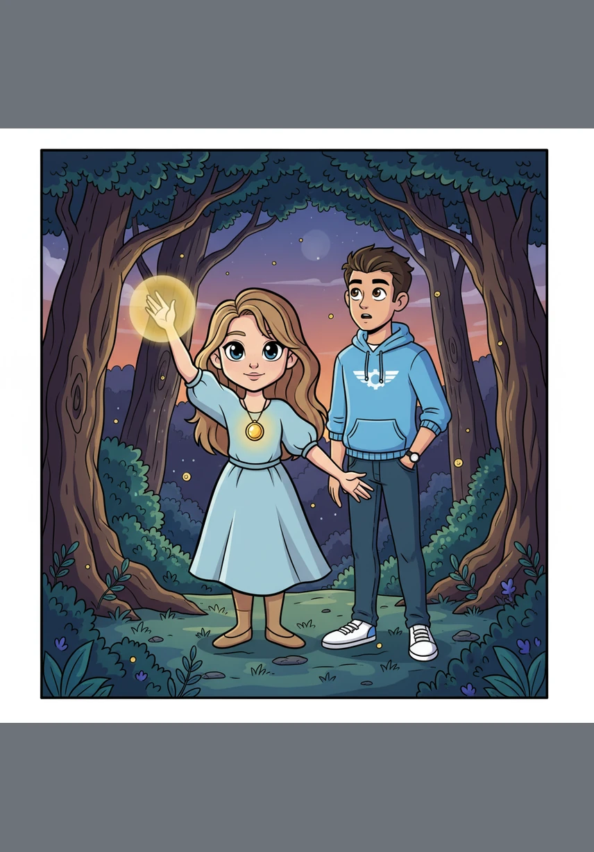 In the heart of the Whispering Woods, Elara reached toward the sky, pulling silken threads of starlight down to the earth. With a flick of her wrist, she wove the glowing strands into a shimmering butterfly that fluttered around her head in the twilight.