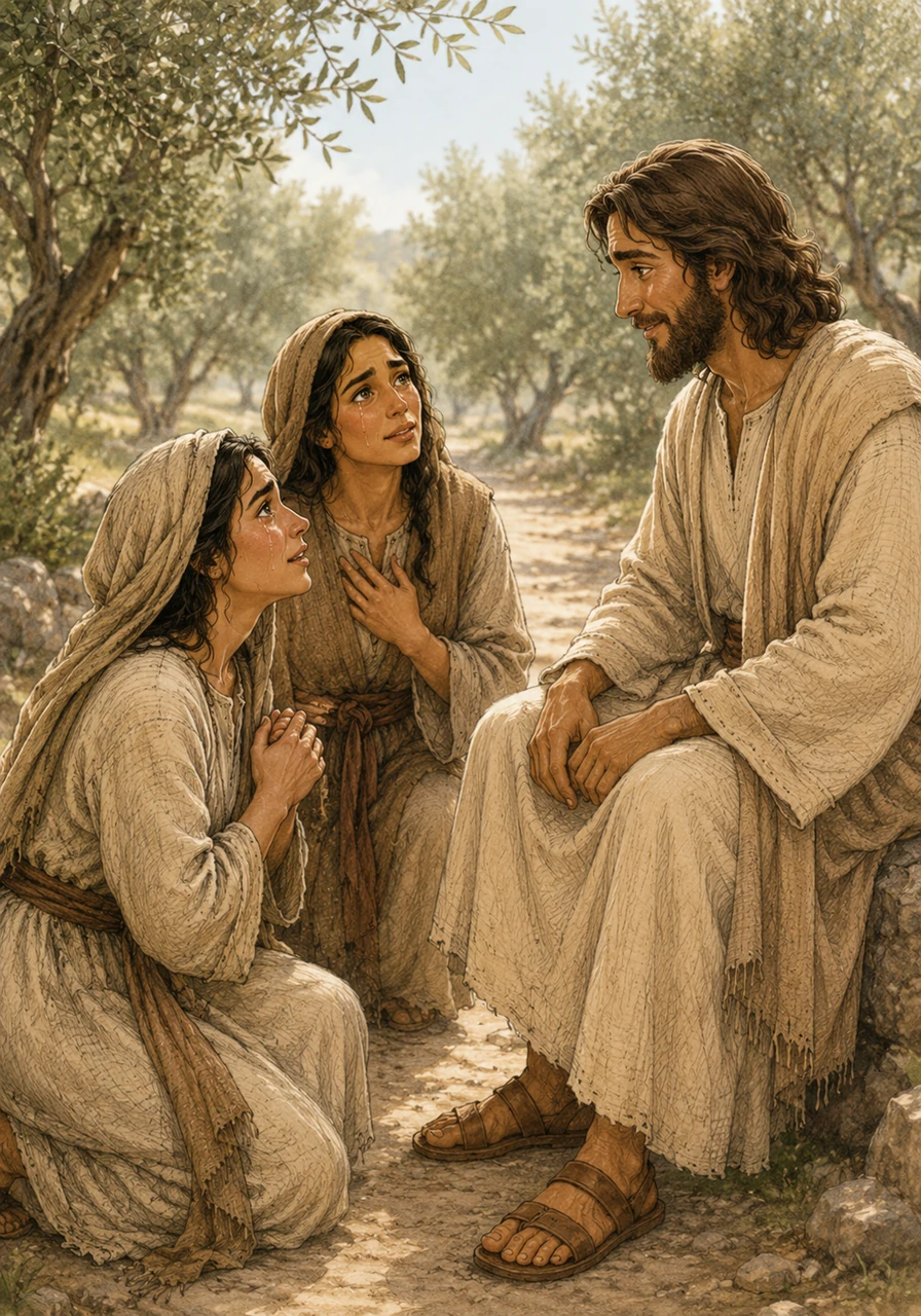 Em um caminho cercado por oliveiras verdejantes, Marta e Maria conversam com Jesus, expressando profunda preocupação e súplica em seus olhares marejados. Jesus as escuta com total atenção e uma compaixão infinita estampada em Seu rosto acolhedor.