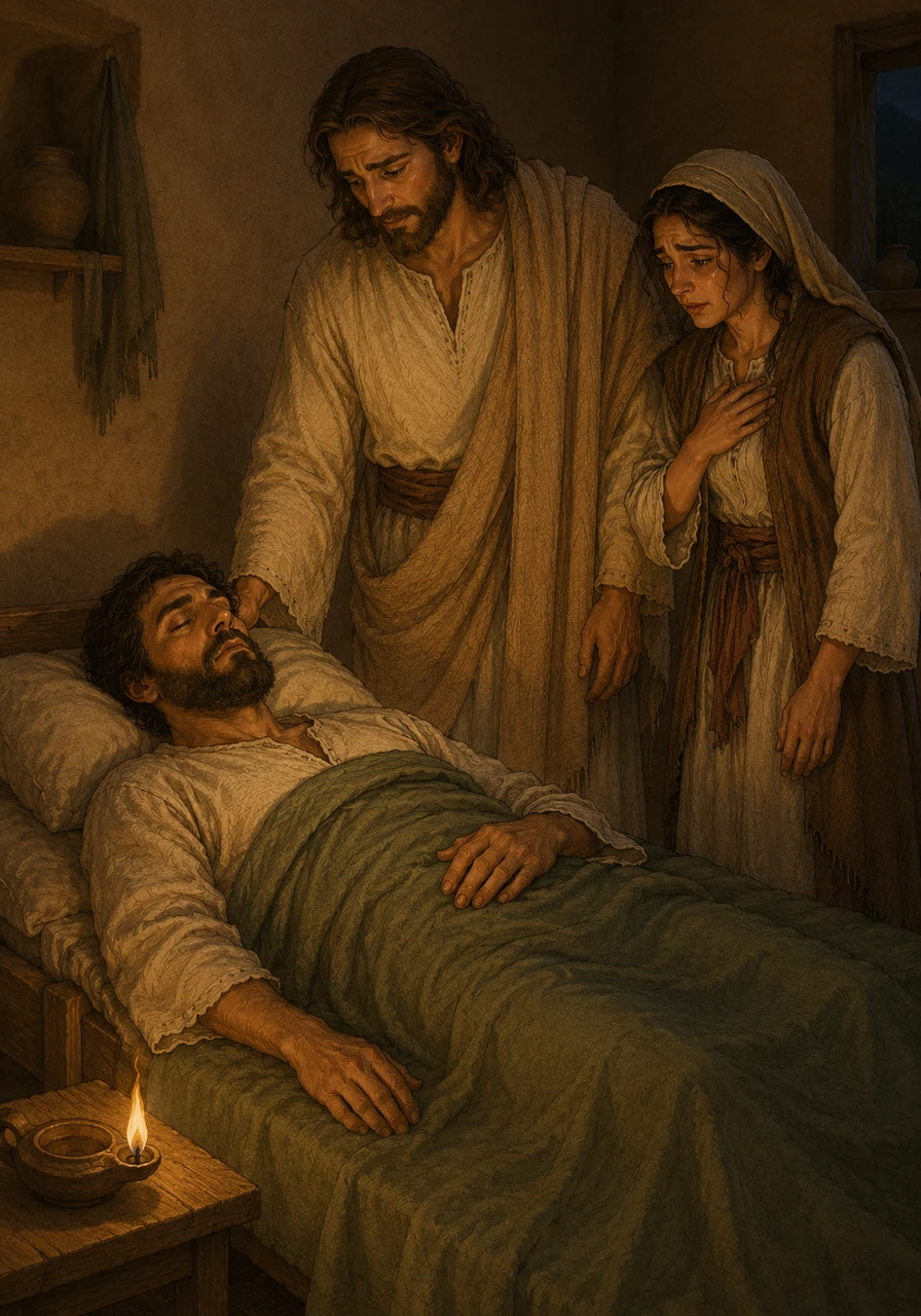O interior da humilde casa de Lázaro está imerso em uma penumbra suave, iluminado apenas pela chama dourada de uma pequena lamparina a óleo. Deitado em sua cama de madeira e coberto por um lençol verde, Lázaro descansa de olhos fechados em um ambiente tocado pela tristeza.