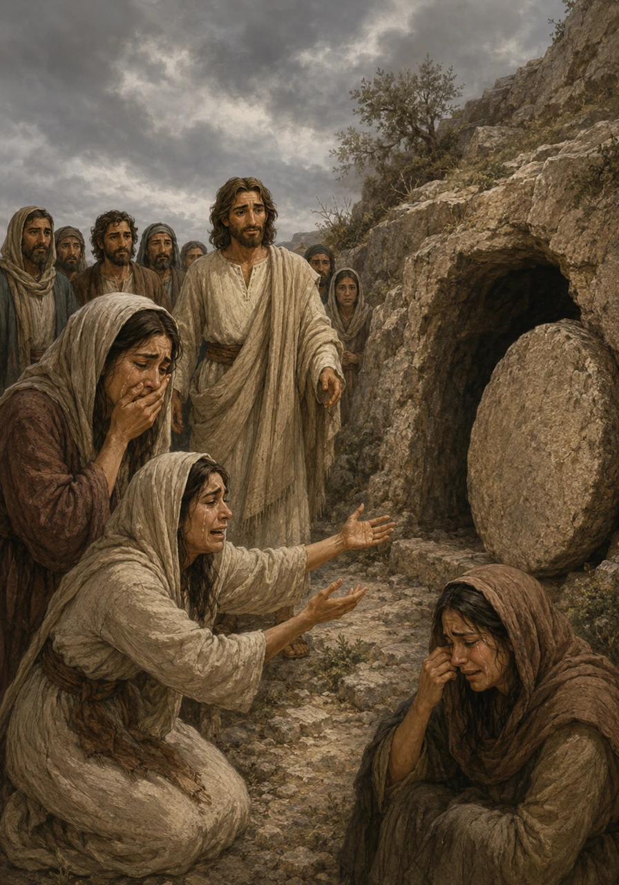 Jesus e Seus discípulos chegam à entrada de um cemitério antigo esculpido nas rochas sob um céu melancólico. À frente deles, Marta, Maria e os moradores da vila choram copiosamente, apontando para uma imensa pedra redonda que sela a entrada de uma caverna escura.