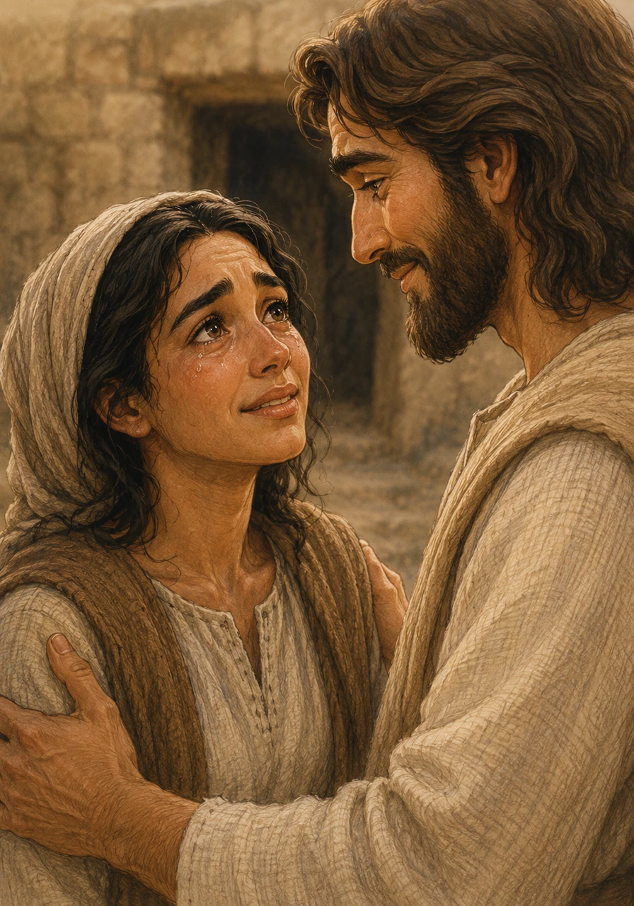 Em um plano fechado e emocionante, Marta olha fixamente nos olhos de Jesus, com lágrimas brilhantes rolando por suas bochechas. Apesar da dor, sua expressão transborda uma esperança renovada e uma fé profunda, enquanto Jesus sorri para ela com imensa ternura.