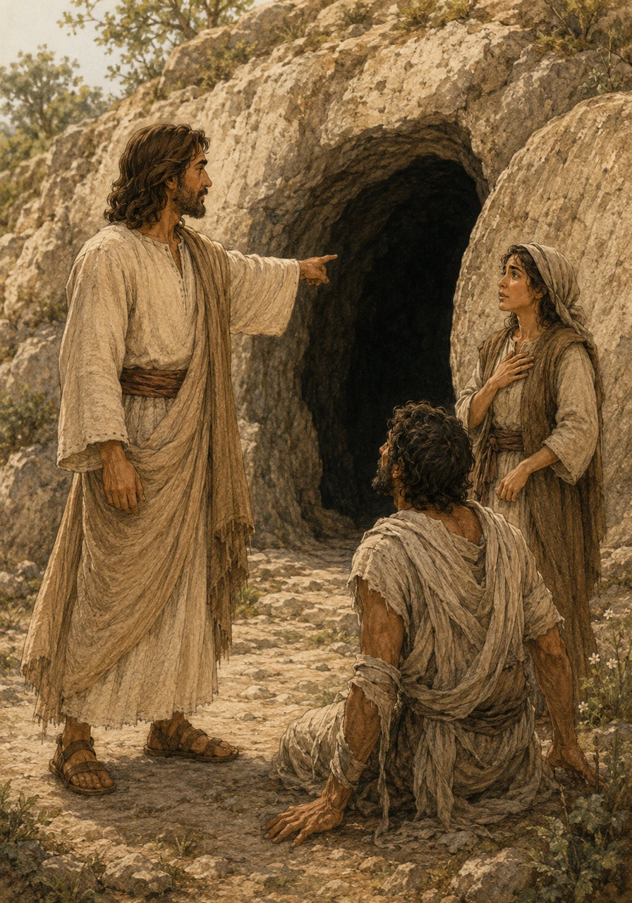 Diante da enorme entrada da caverna, agora completamente aberta e revelando a escuridão interior, Jesus permanece de pé com uma postura majestosa. Ele levanta a mão com firmeza e aponta para o túmulo, exibindo uma expressão poderosa, cheia de autoridade e amor divino.