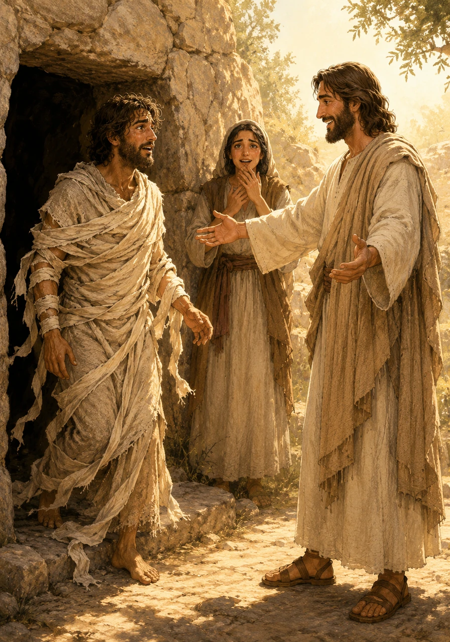 Uma silhueta envolta em faixas brancas começa a emergir da escuridão do túmulo em direção à luz brilhante do dia. É Lázaro, cujo rosto revela espanto e uma nova vida vibrante, sendo recebido por Jesus que O aguarda com os braços abertos e um grande sorriso confortador.