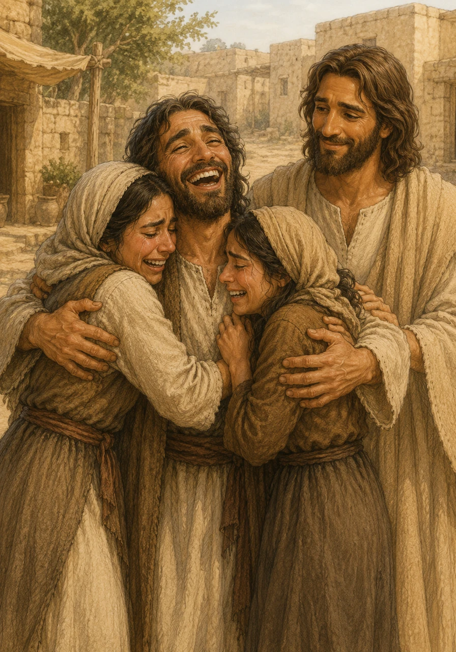 O choro se transforma instantaneamente em uma explosão de alívio e pura felicidade no centro do vilarejo. Lázaro ri alto enquanto abraça calorosamente Marta e Maria, que choram de alegria, sob o olhar sereno e feliz de Jesus, que celebra o reencontro daquela família.